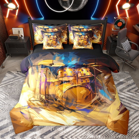 Homewish Cartoon Gold Drum Twin Bedding Sets 7-Piece, Pop Hip Hop Music Bedding Comforter Set, Teens Kids Boys Girls Reversible Sheet Sets, Ultra Soft Bedroom Decor