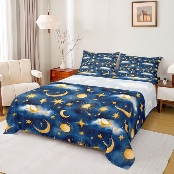 Homewish Cartoon Gold Sun Queen Sheet Sets for Kids, Mystic Stars Print Flat Sheet, Blue Watercolor Queen Fitted Sheet, Super Cozy Room Decor, 4-Piece