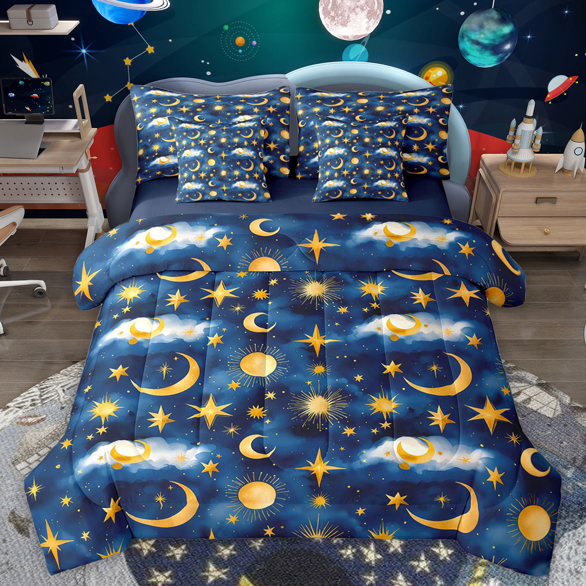 Reversible Sheets Homewish Cartoon Gold Sun Twin Bedding Sets 7-Piece for Kids, Mystic ...