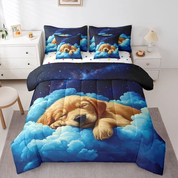 Homewish Cartoon Golden Retriever 7-Piece King Bedding,Cute Pet Dog King Bed in a Bag,White Cloud Decor,Polkadot Reversible