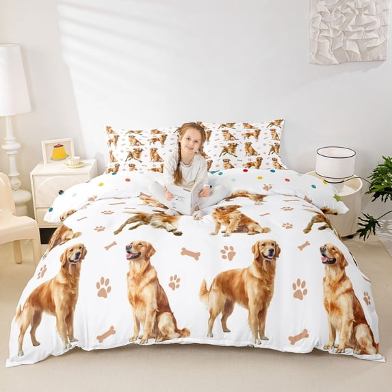 Homewish Cartoon Golden Retriever Dog Bedding,Paw Bone Print Duvet Cover Full,White,Polkadot Reversible,3-Piece,1 Duvet Cover and 2 Pillowcases