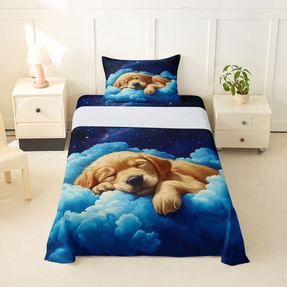 Homewish Cartoon Golden Retriever Twin Sheets,Cute Pet Dog Bedding,White Cloud Decor,3-Piece,1 Fitted Sheet and 1 Pillowcase