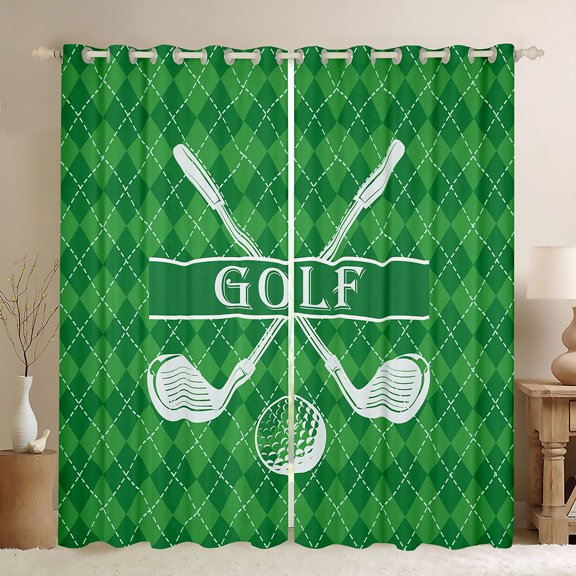 Homewish Cartoon Golf Lover Black Out Curtains, Modern Sports Player Curtains Pack of 2 (42x63 Each), Green Checkered Plaid Bedroom Curtains, Black Out Curtains Room Decor