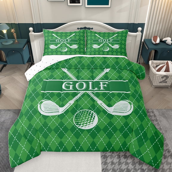 Homewish Cartoon Golf Lover Queen Comforter Set, Modern Sports Player Bedding Sets, Green Checkered Plaid Reversible Bedding Comforter Set, Lightweight Room Decor, 3-Piece
