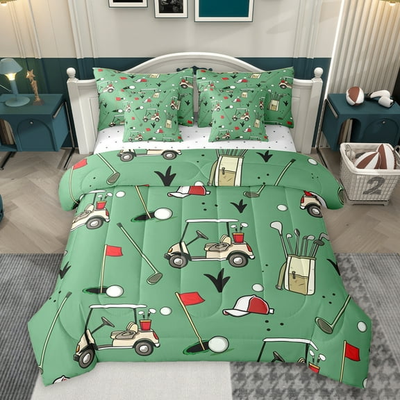 Homewish Cartoon Golf Sports Bedding Comforter Set 7pcs, Kawaii Truck Car King Bedding Sets, Teens Kids Boys Girls Reversible Bed Sheets, Breathable Home Decor