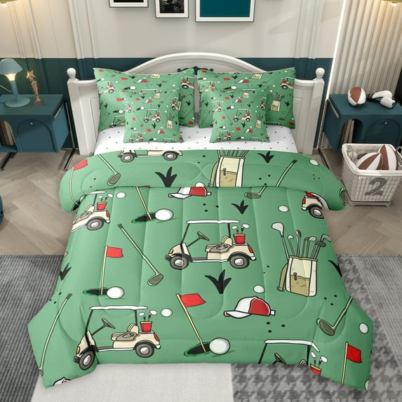 Homewish Cartoon Golf Sports Twin Bedding Sets 7-Piece, Kawaii Truck Car Bedding Comforter Set, Teens Kids Boys Girls Reversible Sheet Sets, Breathable Home Decor