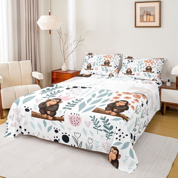 Homewish Cartoon Gorilla 3pcs Twin Sheet Sets for Preppy Children Kids,Dreamy Princess Twin Fitted Sheet,Kawaii Animal Breathable Flat Sheet,Luxury Bedroom Decor