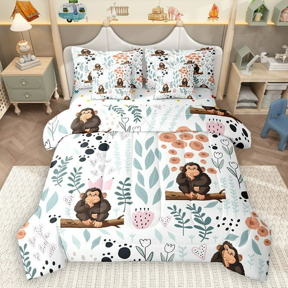 Homewish Cartoon Gorilla 7 Pieces Bedding Comforter Set for Preppy Children Kids,Dreamy Princess Full Bedding Set Lightweight,Kawaii Animal Fitted Sheet Flat Sheet,Luxury Bedroom Decor,Reversible
