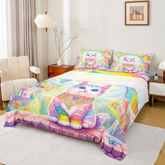 Homewish Cartoon Gradient Cat Twin Sheet Sets 3pcs for Teenagers Boys Girls,Dreamy Princess Twin Fitted Sheet Microfiber,Flying Butterflies Kawaii Rainbow Breathable Flat Sheet