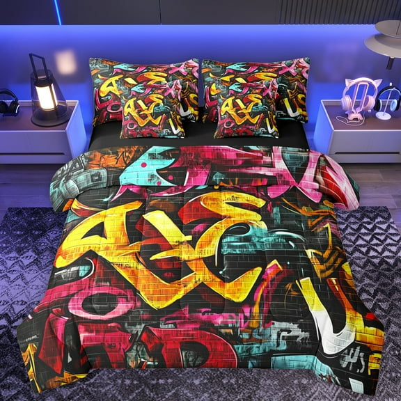 Homewish Cartoon Graffiti Bedding Comforter Set 7pcs, Hip Hop Lover Queen Bedding Sets, Teens Kids Boys Girls Reversible Queen Sheet Sets, Luxury Bedroom Decor