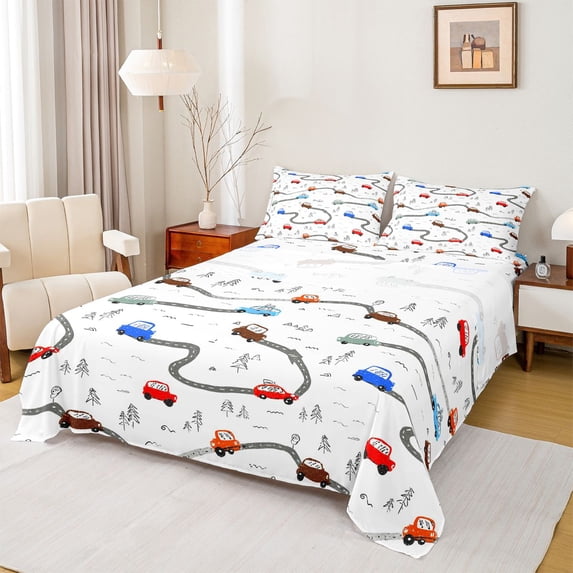 Homewish Cartoon Graffiti Car Full Size Sheets,City Road Bed Sheets,Red Blue White Sheet Sets For Boys Kids,Breathable Home Decor,4-Piece