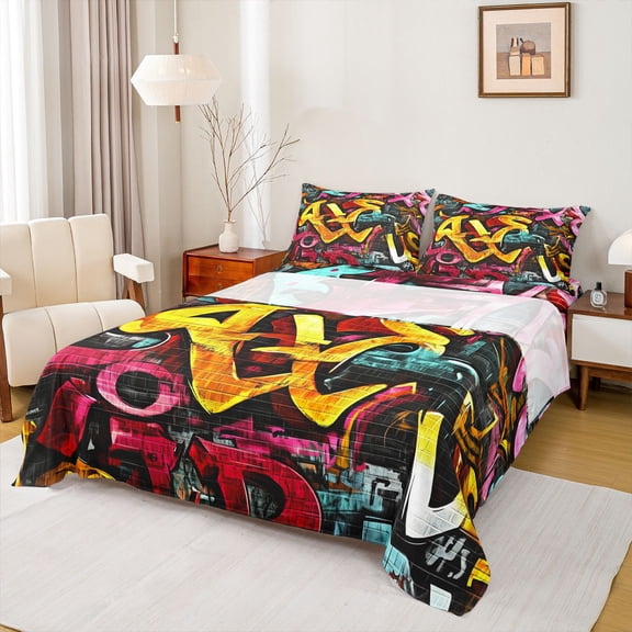 Homewish Cartoon Graffiti Twin Sheet Sets, Hip Hop Lover Twin Fitted Sheet, Teens Kids Boys Girls Flat Sheet, Luxury Bedroom Decor, 3 Pieces