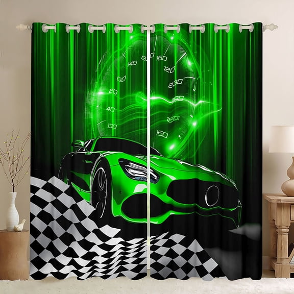 Homewish Cartoon Green Automobile Blackout Curtains Set of 2 (52x84 Each), Sports Car Checkered Flag Window Curtains, Teens Kids Boys Men Curtains and Drapes, Window Curtains Bedroom Decor