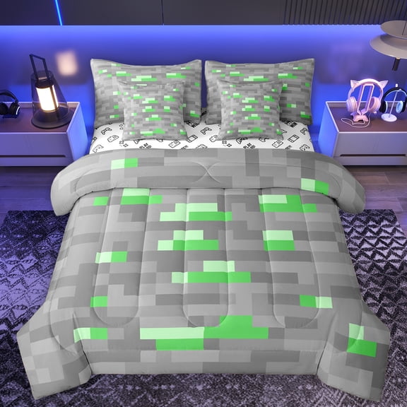 Homewish Cartoon Green Grey Plaid Bedding Comforter Set 7pcs, Vintage Game Abstract King Bedding Sets, Square Rectangle Reversible Bed Sheets, Luxury Bedroom Decor