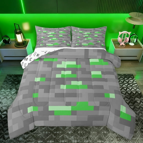 Homewish Cartoon Green Grey Plaid Queen Comforter Set, Vintage Game Abstract Bedding Sets, Square Rectangle Reversible Bedding Comforter Set, Luxury Bedroom Decor, 3 Pieces