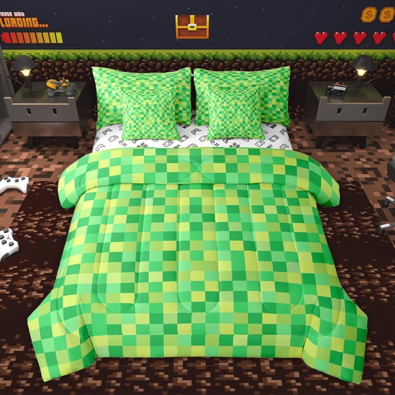 Homewish Cartoon Green Plaid Bedding Comforter Set 7pcs, Vintage Game Abstract King Bedding Sets, Square Rectangle Reversible Bed Sheets, Lightweight Room Decor
