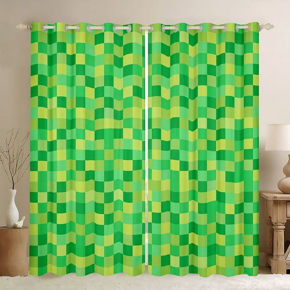 Homewish Cartoon Green Plaid Black Out Curtains, Vintage Game Abstract Curtains Pack of 2 (42x63 Each), Square Rectangle Bedroom Curtains, Black Out Curtains Room Decor