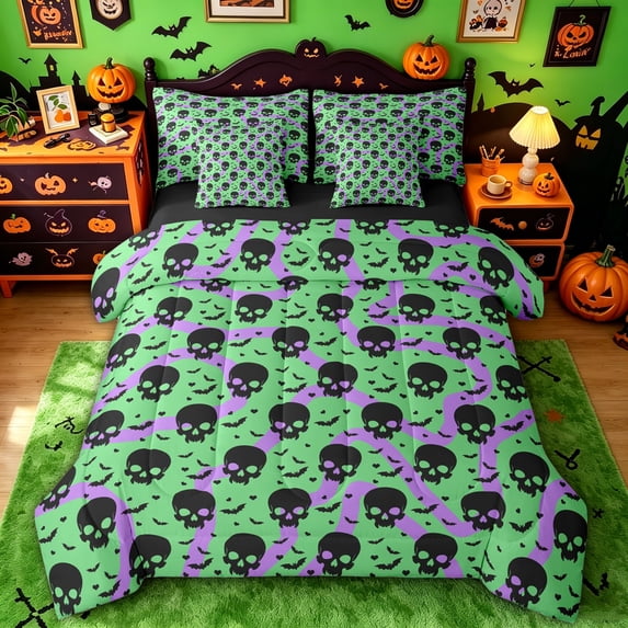 Homewish Cartoon Green Skull Bat Full Size Bedding Sets, Swirl Heart Halloween Full Size Bed in a Bag, Black Reversible, 7pcs