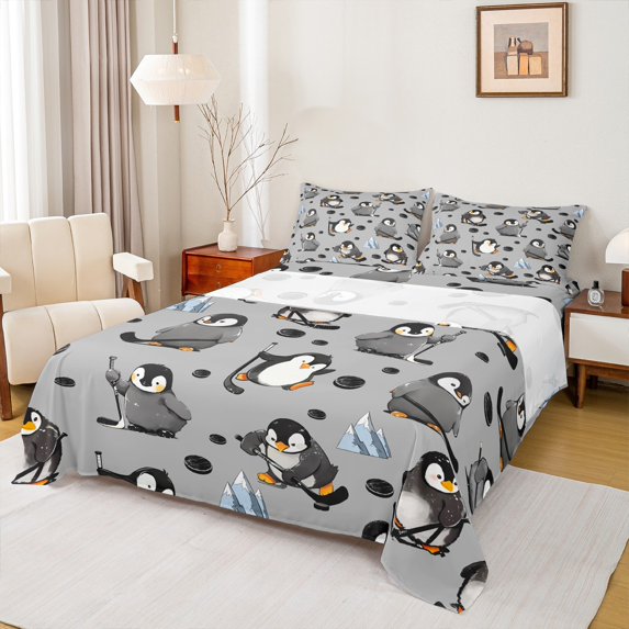 Homewish Cartoon Grey Penguin Full Size Sheets, Ice Hockey Sports Bed Sheets, Kawaii Animal Sheet Sets, Microfiber Bedroom Decor, 4-Piece