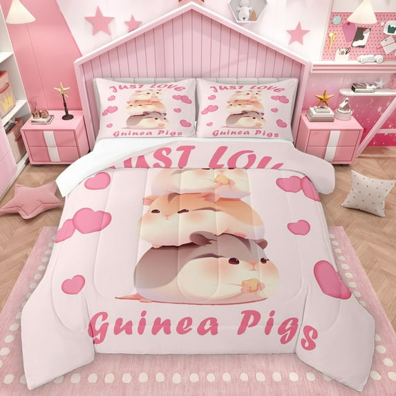 Homewish Cartoon Guinea Pig 2pcs Bedding Comforter Set For Kids Teens Girls,Kawaii Animal Twin Comforter Sets,Love Heart Print Breathable Bedding Set,Lightweight Room Decor
