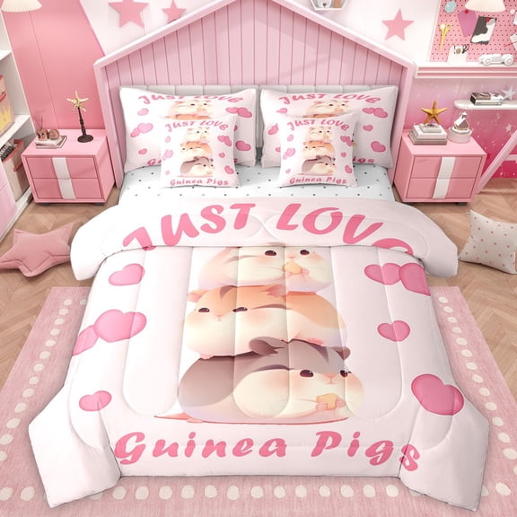 Homewish Cartoon Guinea Pig 7pcs Bedding Comforter Set For Kids Teens Girls,Kawaii Animal Queen Bedding Sets Super Cozy,Love Heart Print Queen Sheet Sets,Lightweight Room Decor,Reversible