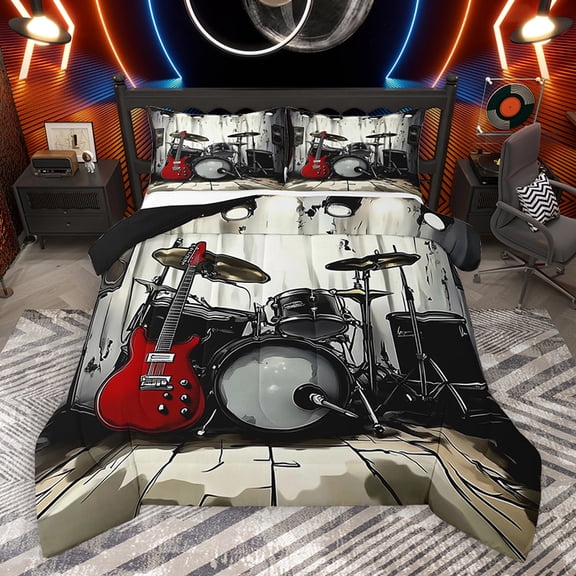 Homewish Cartoon Guitar Drum Full Size Comforter Sets, Pop Hip Hop Music Bedding Comforter Set, Teens Kids Boys Girls Reversible Bedding Sets, Luxury Bedroom Decor, 3 Pieces