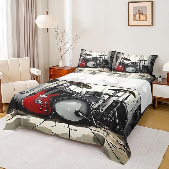 Homewish Cartoon Guitar Drum Full Size Sheets, Pop Hip Hop Music Bed Sheets, Teens Kids Boys Girls Sheet Sets, Luxury Bedroom Decor, 4 Pieces