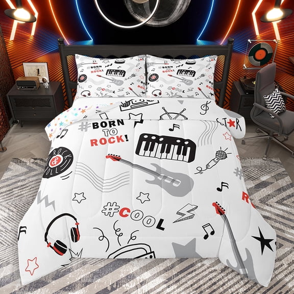 Homewish Cartoon Guitar Piano Full Size Comforter Sets for Kids, Rock and Roll Bedding Comforter Set, Kawaii Stars Print Reversible Bedding Sets, Microfiber Bedroom Decor, 3 Pieces