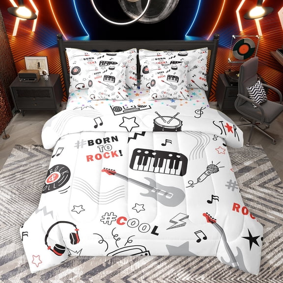 Homewish Cartoon Guitar Piano Twin Bedding Sets 7-Piece for Kids, Rock and Roll Bedding Comforter Set, Kawaii Stars Print Reversible Sheet Sets, Microfiber Bedroom Decor
