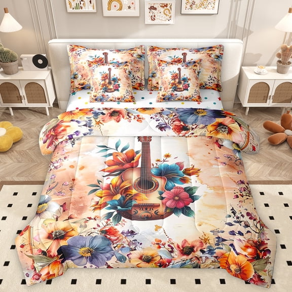 Homewish Cartoon Guitar Teens Bedding Comforter Set, Rustic Flower Floral King Bedding Sets, Orange Vintage Watercolor Reversible Bed Sheets, Microfiber Bedroom Decor