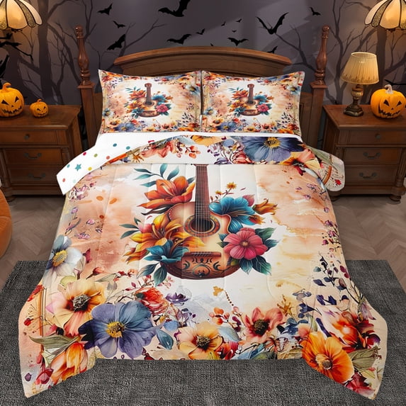 Homewish Cartoon Guitar Teens Queen Comforter Set, Rustic Flower Floral Bedding Sets, Orange Vintage Watercolor Reversible Bedding Comforter Set, Microfiber Bedroom Decor, 3 Pieces