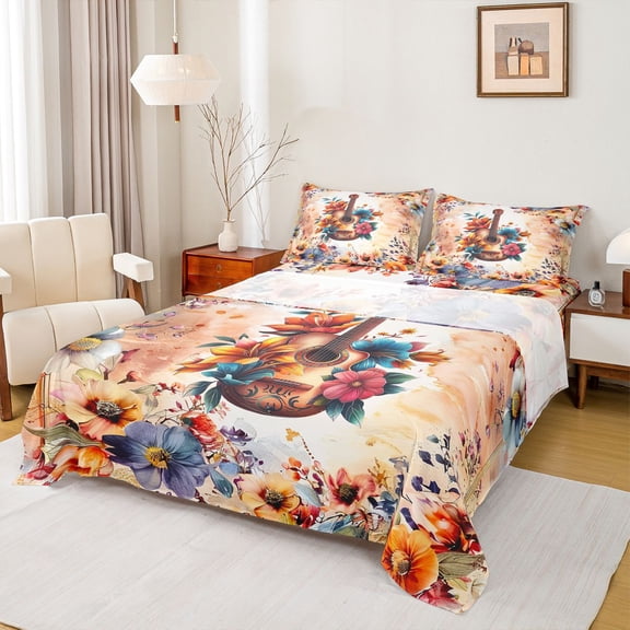 Homewish Cartoon Guitar Teens Twin Sheet Sets, Rustic Flower Floral Twin Fitted Sheet, Orange Vintage Watercolor Flat Sheet, Microfiber Bedroom Decor, 3 Pieces