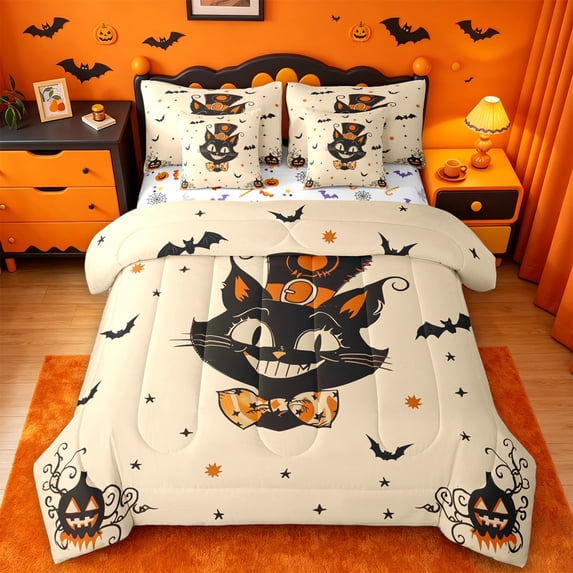 Homewish Cartoon Halloween Cat 7 Pieces Full Size Bedding Sets,Witch Hat Pumpkin Bat Pattern Full Size Bed in a Bag,Halloween Reversible