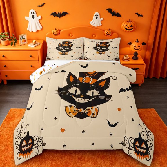 Homewish Cartoon Halloween Cat Queen Comforter Set,Witch Hat Pumpkin Bat Pattern Comforter Sets Queen,Halloween Reversible,3pcs,1 Comforter and 2 Pillowcases