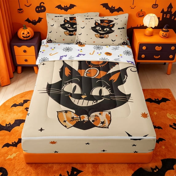 Homewish Cartoon Halloween Cat Zipper Queen Comforter Set with Fitted Sheet and 2 Pillowcases,Witch Hat Pumpkin Bat Pattern Zipper Bedding Set,Halloween Reversible,4pcs