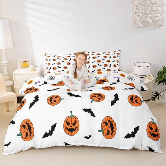 Homewish Cartoon Halloween Duvet Cover Queen for Kids, Orange Pumpkin Bat Spooky Queen Bedding, Halloween Reversible, 3-Piece, 1 Duvet Cover and 2 Pillowcases