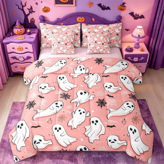 Homewish Cartoon Halloween Ghost 7 Pieces Full Size Bedding Sets,Spider Web Bat Pattern Full Size Bed in a Bag,Blush Pink White,Pink Reversible