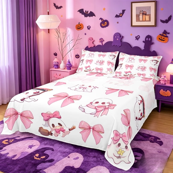 Homewish Cartoon Halloween Ghost Bed Sheets,Kawaii Coquette Bow Full Size Sheets,White Pink,4pcs,1 Flat Sheet,1 Fitted Sheet and 2 Pillowcases