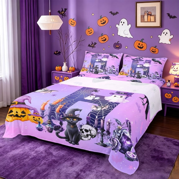 Homewish Cartoon Halloween Ghost Bed Sheets,Spooky Pumpkin Initial Pattern Full Size Sheets,4pcs,1 Flat Sheet,1 Fitted Sheet and 2 Pillowcases