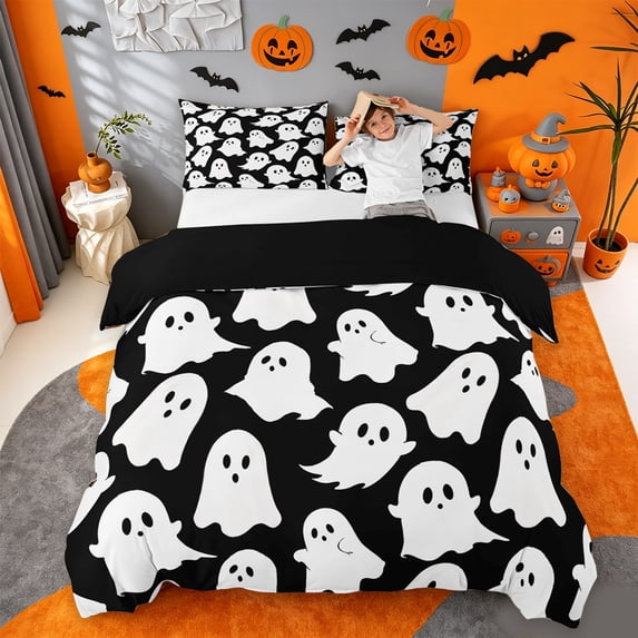 Homewish Cartoon Halloween Ghost Bedding,Simple Spooky Pattern Duvet Cover Full,Black White,Black Reversible,3pcs,1 Duvet Cover and 2 Pillowcases