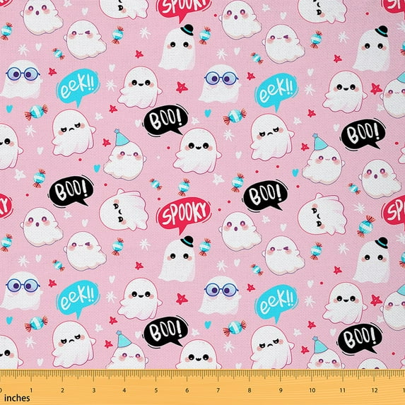 Homewish Cartoon Halloween Ghost Fabric by the Yard 2 Yard,Sweet Candy Room Decor Fabric by the Yard,Pink White Black Fabric for Sewing For Teens ,Microfiber Bedroom Decor