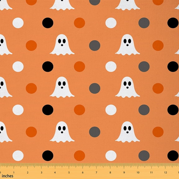 Homewish Cartoon Halloween Ghost Fabric by the Yard 3 Yard,Colorful Polka Dot Sewing Fabric,Orange White Room Decor Fabric by the Yard For Teens ,Microfiber Bedroom Decor