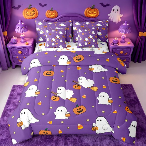 Homewish Cartoon Halloween Ghost Pumpkin 7-Piece Twin Bedding,Candy Corn Print Bedding Comforter Set,Purple Orange White,Halloween Reversible
