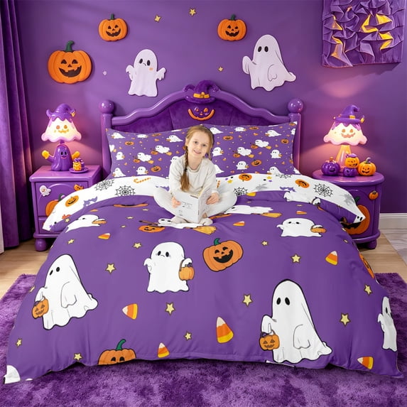 Homewish Cartoon Halloween Ghost Pumpkin Bedding,Candy Corn Print Duvet Cover Full,Purple Orange White,Halloween Reversible,3pcs,1 Duvet Cover and 2 Pillowcases