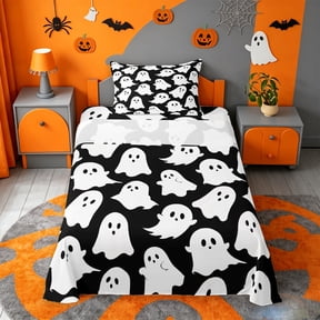 Homewish Cartoon Halloween Ghost Twin Sheets,Simple Spooky Pattern Bedding,Black White,3 Pieces,1 Fitted Sheet and 1 Pillowcase