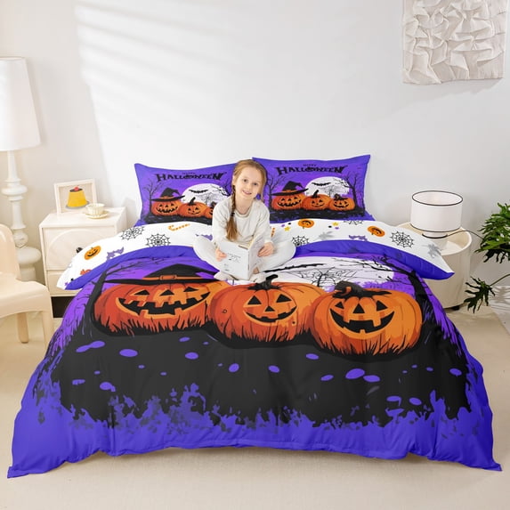 Homewish Cartoon Halloween Pumpkin Twin Duvet Cover,Witch Hat Bat Tree Print Twin Bedding,Violet Black Orange,Halloween Reversible,2-Piece,1 Duvet Cover and 1 Pillowcase
