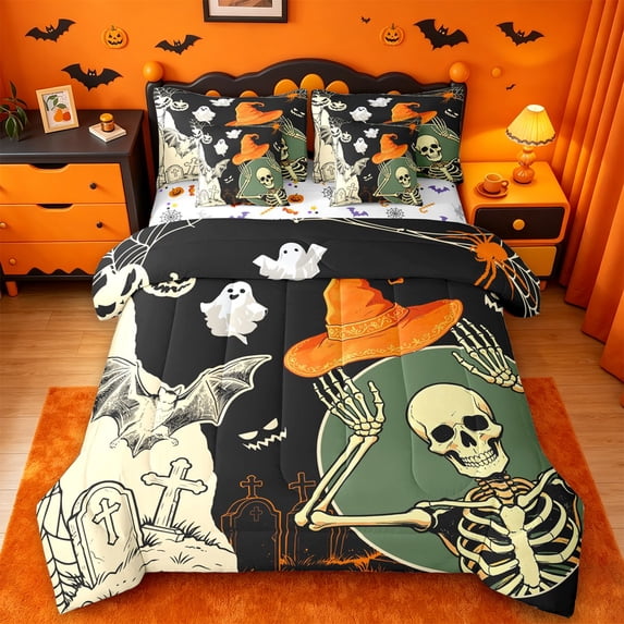 Homewish Cartoon Halloween Skeleton Witch Hat 7-Piece Twin Bedding,Tomb Ghost Pattern Bedding Comforter Set,Black Green Orange,Halloween Reversible