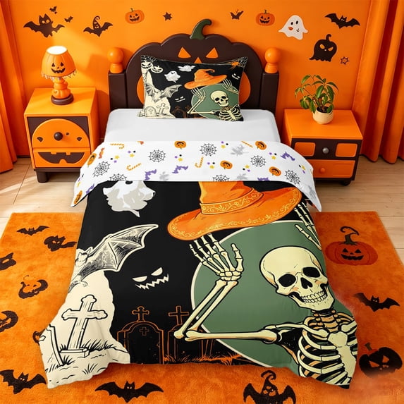 Homewish Cartoon Halloween Skeleton Witch Hat Twin Duvet Cover,Tomb Ghost Pattern Twin Bedding,Black Green Orange,Halloween Reversible,2 Pieces,1 Duvet Cover and 1 Pillowcase