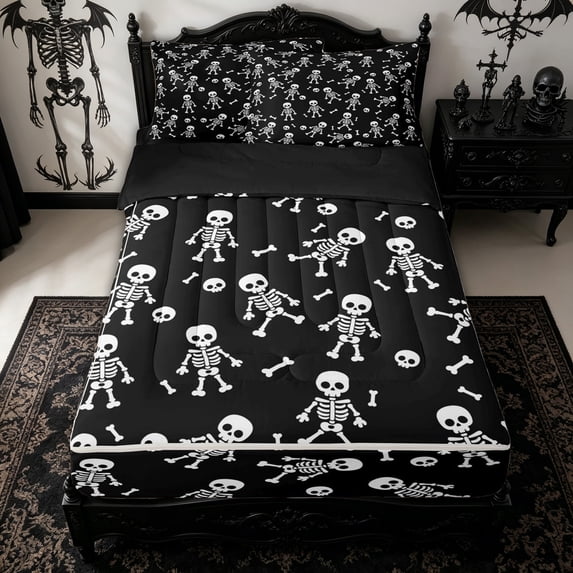 Homewish Cartoon Halloween Skeleton Zipper Twin Comforter Sets with Fitted Sheet and 2 Pillowcases for Teens, Black White Skull Zipper Bedding Set, Black Reversible, 4pcs