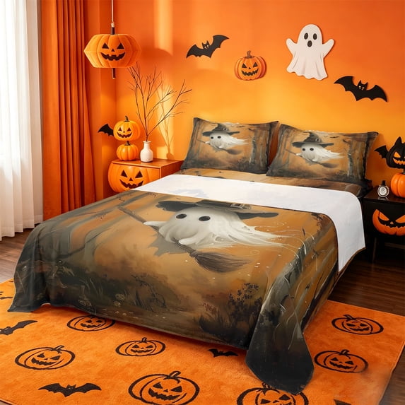 Homewish Cartoon Halloween Witch Ghost Bed Sheets,Spooky Bat Print Full Size Sheets,Sepia Brown Black,4-Piece,1 Flat Sheet,1 Fitted Sheet and 2 Pillowcases